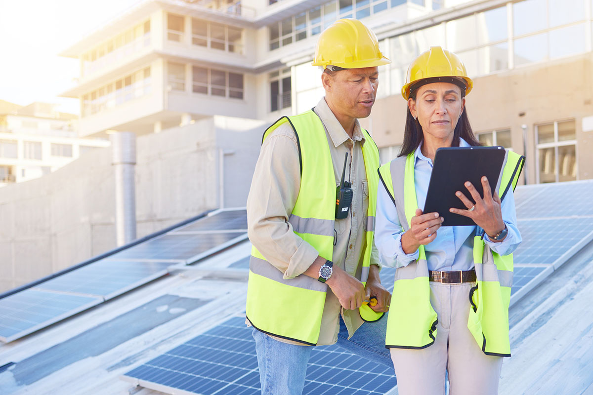 Two construction professionals, a man and a woman, wearing yellow hard hats and safety vests, are examining data on a tablet while standing on a rooftop covered with solar panels.