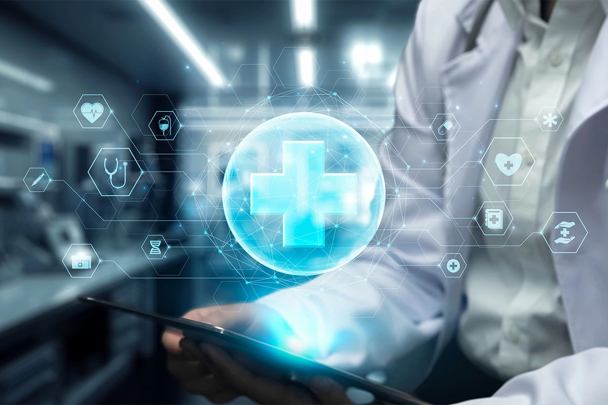A healthcare professional in a lab coat holds a tablet, with a glowing digital health symbol and various medical icons displayed above it, set against a blurred hospital environment.